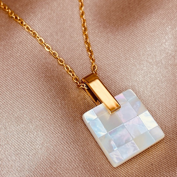 Luzy Jewelry Jewelry - Stunning Mother of Pearl Luster Minimalist Square Pendant Dainty Chain in Gold